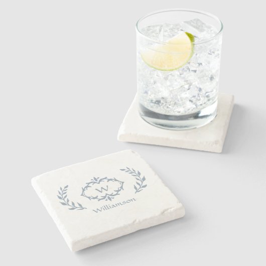 モノグラムファミリーネームローレルリースダスティブルー ストーンコースター (横)