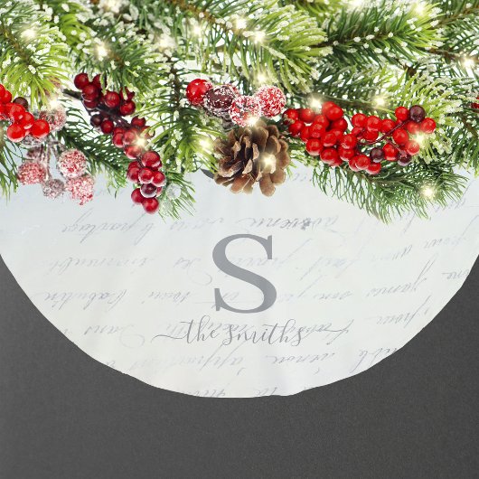 モノグラムファミリーホワイトブルーパターンクリスマス ブラッシュドポリエステルツリースカート