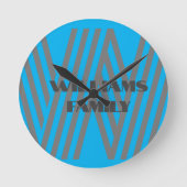 モノグラムファミリー名ブルーグレーモダンウォールクロック ラウンド壁時計 (正面)