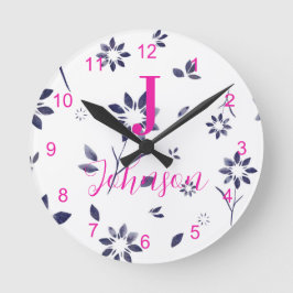 モノグラムファミリー名ブルーフローラ ラウンド壁時計