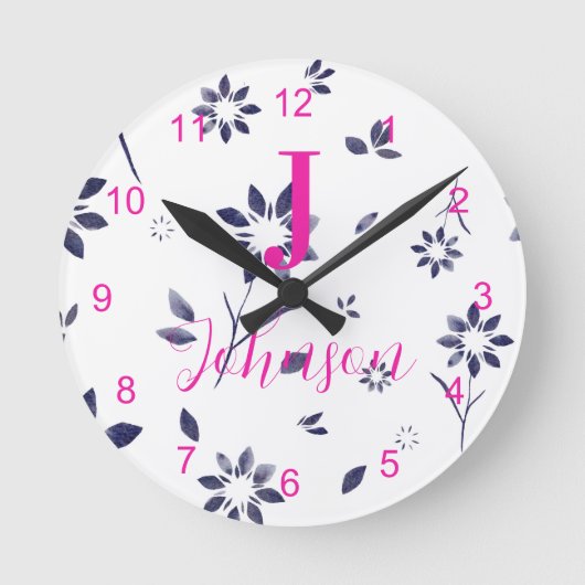 モノグラムファミリー名ブルーフローラ ラウンド壁時計 (正面)