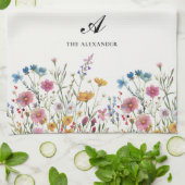 モノグラムファミリー名ワイルドフラワーボホシック キッチンタオル (折り畳み)