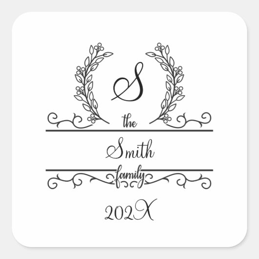 モノグラムファミリ名スクリプトフォント葉 スクエアシール (正面)