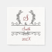 モノグラムファミリ名スクリプトフォント葉 スタンダードカクテルナプキン (正面)