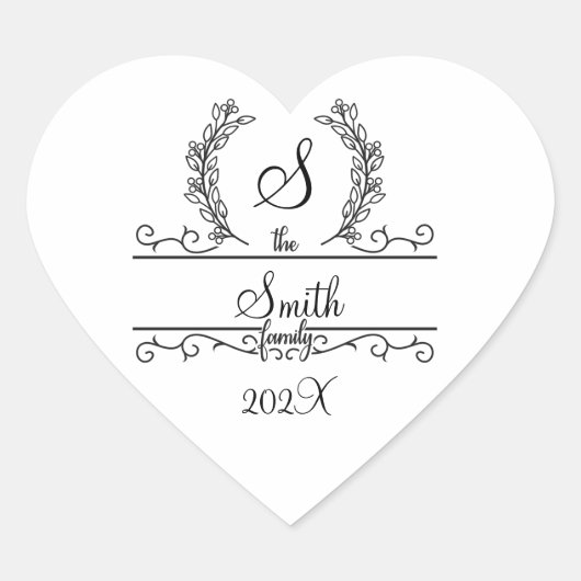 モノグラムファミリ名スクリプトフォント葉 ハートシール (正面)