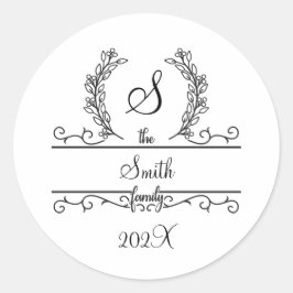モノグラムファミリ名スクリプトフォント葉 ラウンドシール