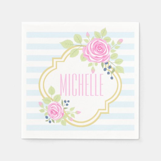 モノグラムファンシーバラブルーベリー紙ナプキンス スタンダードカクテルナプキン (正面)