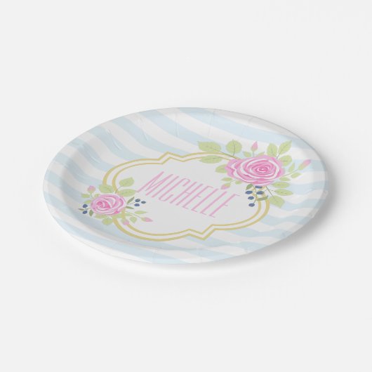 モノグラムファンシーピンクローズブルーベリー紙プレート ペーパープレート (アングル)