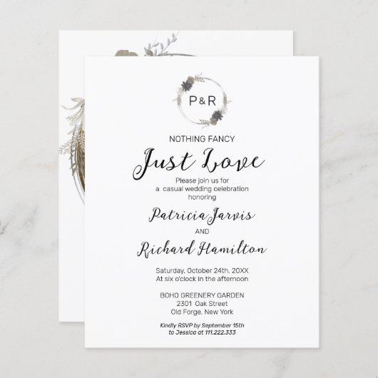 モノグラムファンシー予算結婚式招待状なし (正面/裏面)