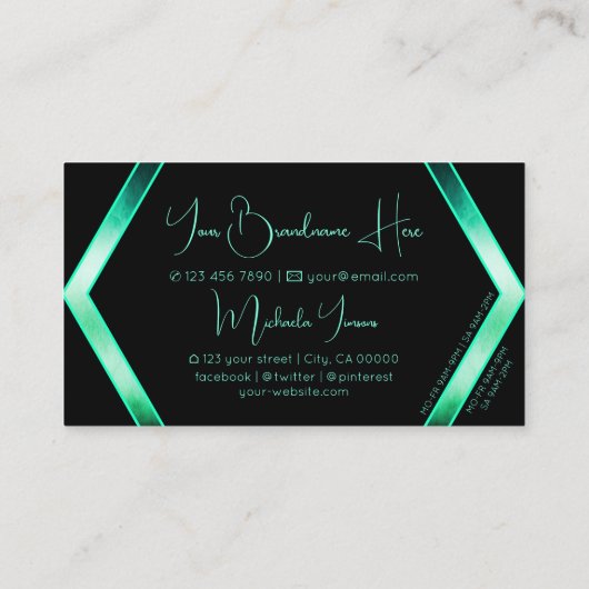 モノグラムファンシー付きブラックシメリーティール（緑がかった色）パターン 名刺 (裏面)
