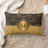 モノグラムファンシー金ゴールド及びブラックダマスクデザイン ランバークッション (ブランケット)