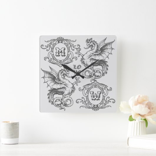 モノグラムファンタジー中世ドラゴン華美フレーム スクエア壁時計 (ホーム)