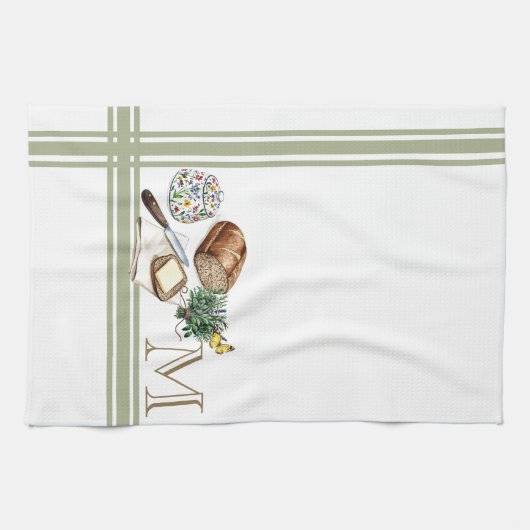 モノグラムファームハウスキッチンタオルサージグリーンハーブ キッチンタオル (横)