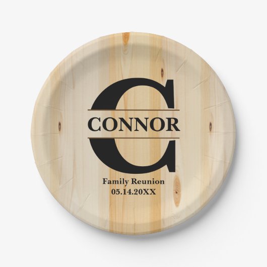 モノグラムフェイクブッチャーブロックウッド |パーソナライズされた | ペーパープレート (正面)