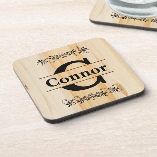 モノグラムフェイクブッチャーブロックナチュラルウッドルック コースター (左側)