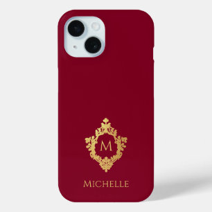 モノグラムフェイクブルゴーニュ金ゴールドクレストイニシャルと名前 iPhone 15ケース