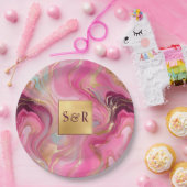 モノグラムフェイク金ゴールドとピンクマーブル結婚ズ ペーパープレート (パーティー)