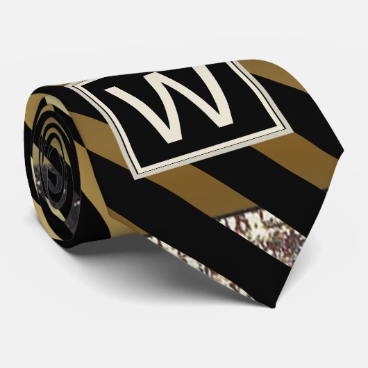 モノグラムフェイク金ゴールドと黒の対角ストライプ線 ネクタイ (ロール)