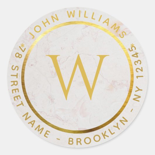モノグラムフェイク金ゴールド大理石円形差出人住所 ラウンドシール (正面)