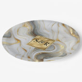 モノグラムフェイク金ゴールド、グレーとホワイトマーブル結婚ズ ペーパープレート (アングル)