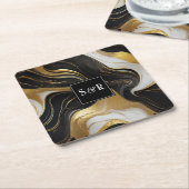 モノグラムフェイク金ゴールド、白黒マーブル結婚ズ スクエアペーパーコースター (アングル)