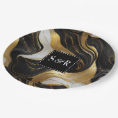 モノグラムフェイク金ゴールド、白黒マーブル結婚ズ ペーパープレート (アングル)