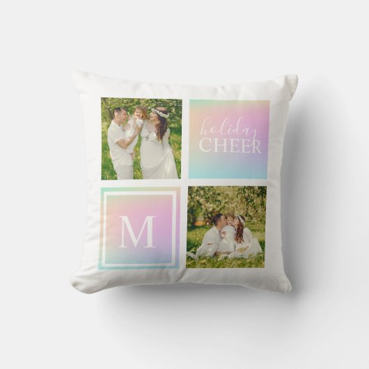 モノグラムフォトクリスマスホリデー応援虹彩色 クッション (正面)