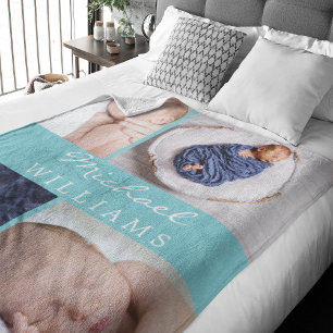 モノグラムフォトコラージアクアブルー生まれたばかりのベビー フリースブランケット