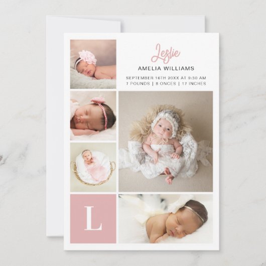 モノグラムフォトコラージュベビーガール誕生 案内状 (正面)