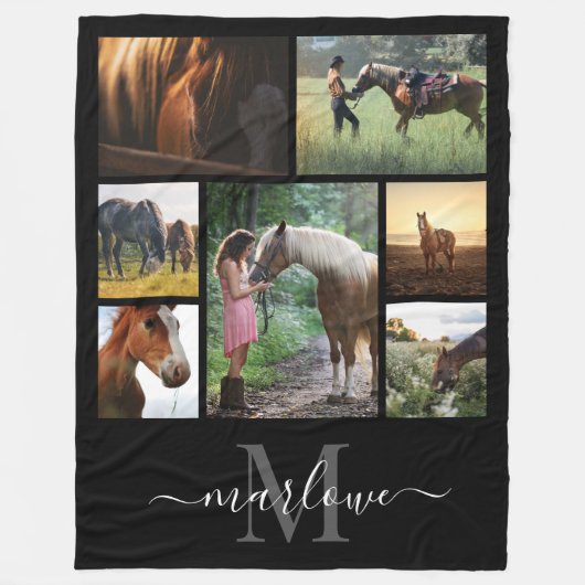 モノグラムフォトコラージュ白黒名 フリースブランケット (正面)