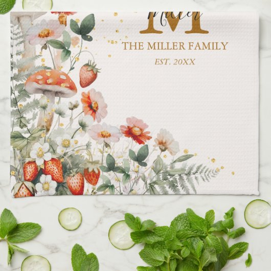 モノグラムフォレストマッシュルーム花フローラ植物 キッチンタオル (折り畳み)