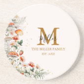 モノグラムフォレストマッシュルーム花フローラ植物 コースター (正面)