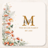 モノグラムフォレストマッシュルーム花フローラ植物 スクエアペーパーコースター (正面)