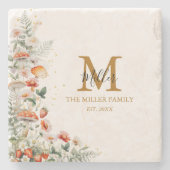 モノグラムフォレストマッシュルーム花フローラ植物 ストーンコースター (正面)