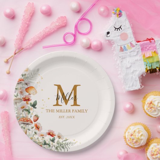 モノグラムフォレストマッシュルーム花フローラ植物 ペーパープレート (パーティー)