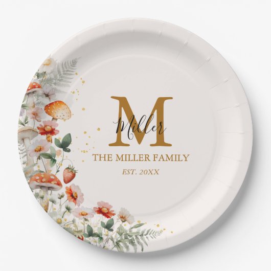 モノグラムフォレストマッシュルーム花フローラ植物 ペーパープレート (正面)