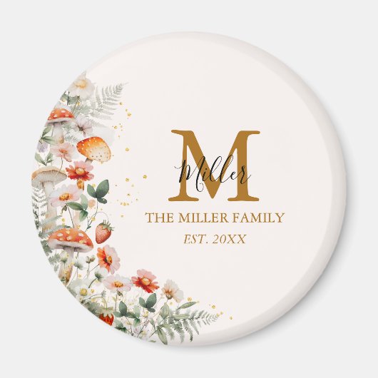 モノグラムフォレストマッシュルーム花フローラ植物 マグネット (正面)