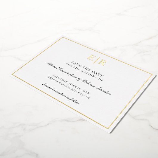 モノグラムフォーマルフォトウェディング日付金ゴールドの保存 箔招待状 (回転した状態)