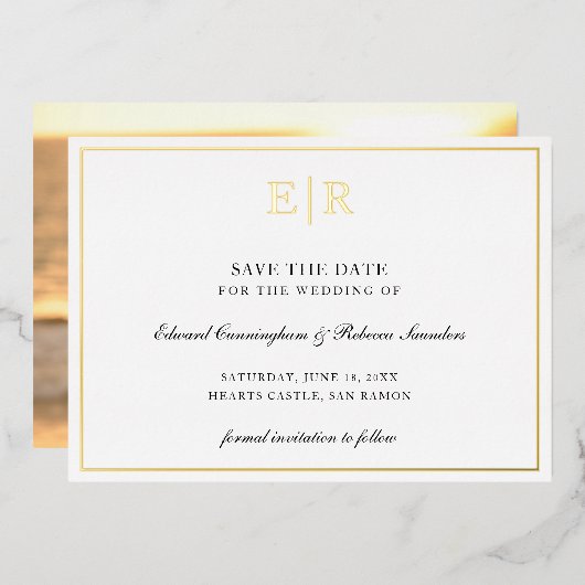 モノグラムフォーマルフォトウェディング日付金ゴールドの保存 箔招待状 (正面/裏面)
