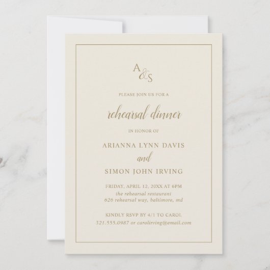 モノグラムフォーマル金ゴールドアイボリーリハーサルディナー 招待状 (正面)