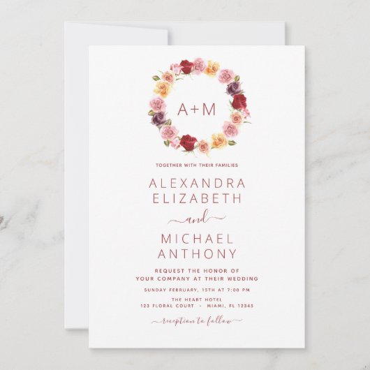 モノグラムフローラほこりっぽいバラピンク結婚ズ 招待状 (正面)