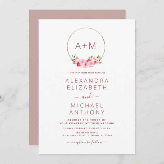 モノグラムフローラほこりっぽいバラピンク結婚式招待状 招待状 (正面/裏面)