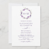 モノグラムフローラほこりっぽい紫結婚緑 招待状 (正面)