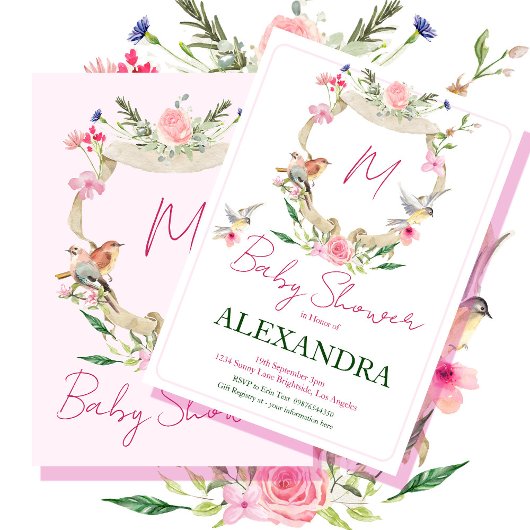 モノグラムフローラクレストウォーターカラーベビーシャワー 招待状
