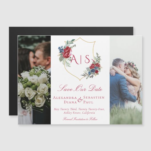 モノグラムフローラクレスト写真コラージュ日付の保存 マグネット招待状 (正面/裏面)