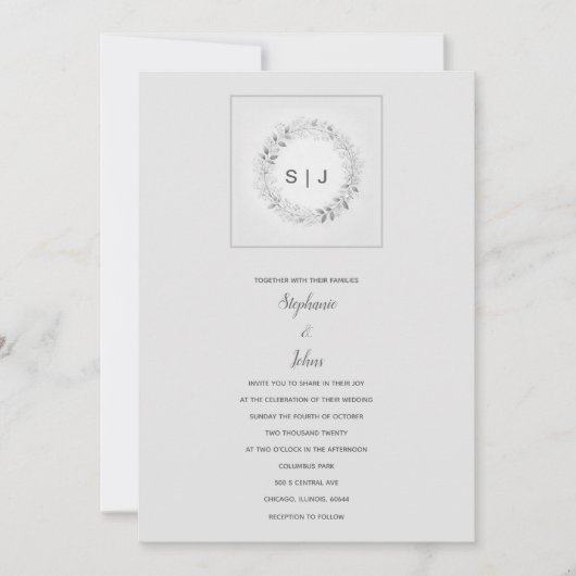 モノグラムフローラクレスト白黒グレイ結婚ズ 招待状 (正面)