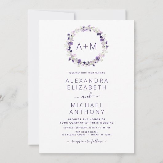 モノグラムフローラダスティパープルグリーン結婚リーのインビ 招待状 (正面)