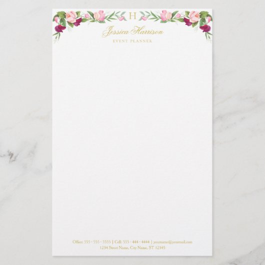 モノグラムフローラパープルピンクスイートピーヴィンテージ 便箋 (正面)