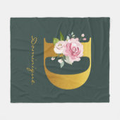 モノグラムフローラフェイク金ゴールド名パーソナライズされた フリースブランケット (正面(横))