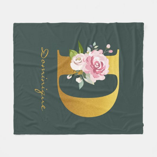 モノグラムフローラフェイク金ゴールド名パーソナライズされた フリースブランケット (正面(横))
